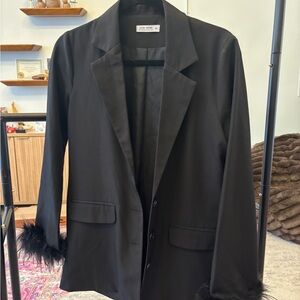 12th Tribe Black Blazer with Feather-Trim Cuffs